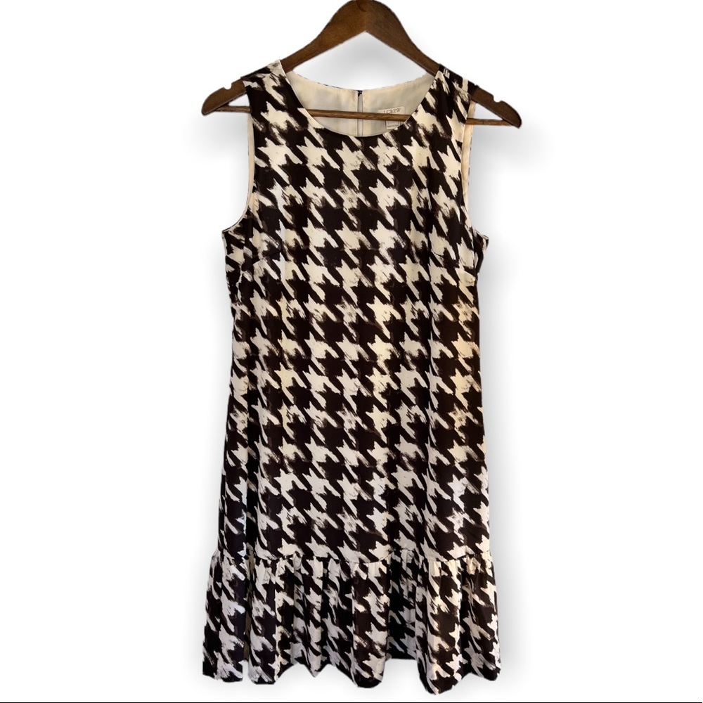 J Crew Brown Black Cream Houndstooth Ruffle Trim Sleeveless Dress Size 4 JCrew